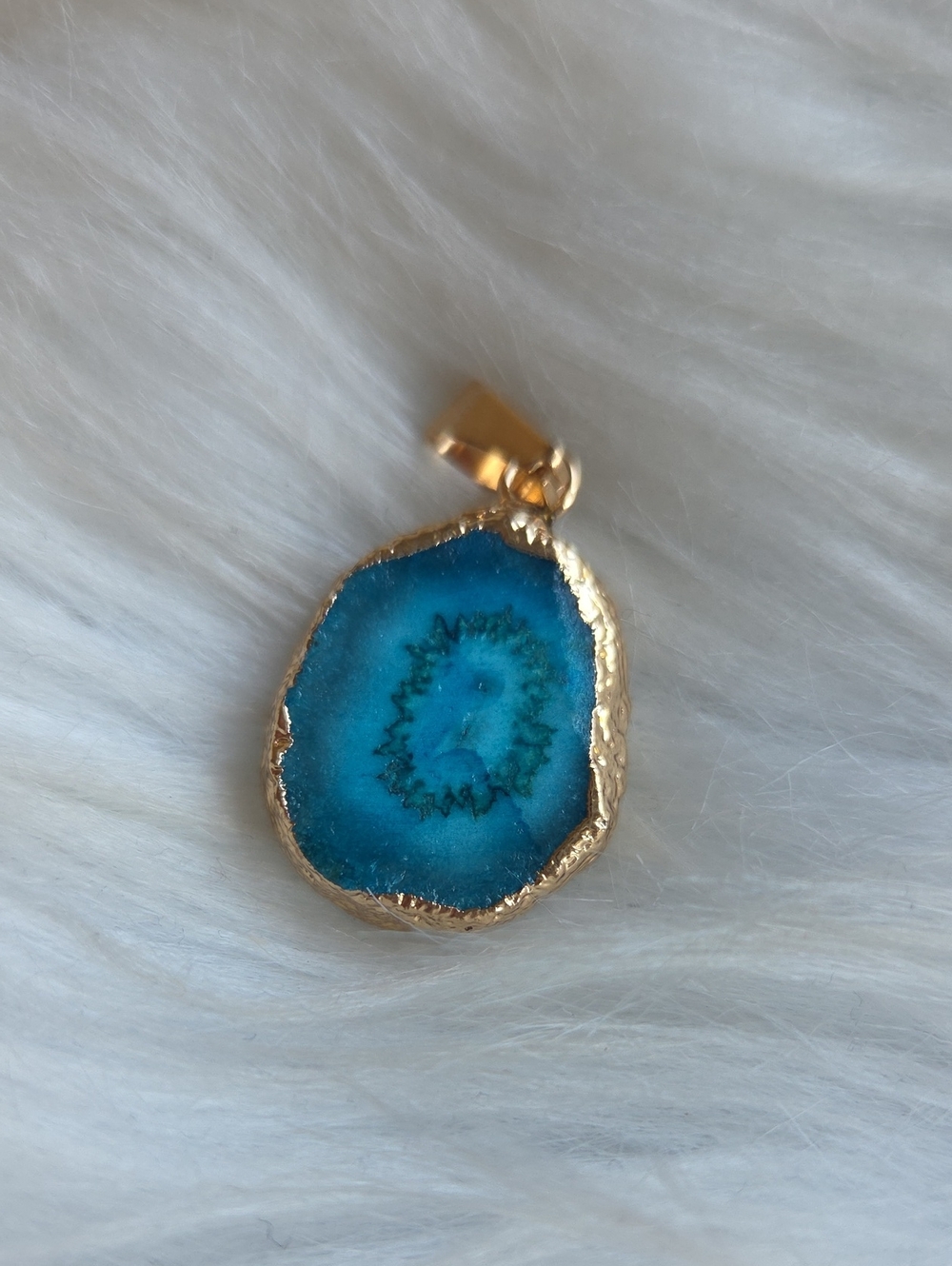 Gold-Edged Blue Solar Quartz Agate Pendant Necklace